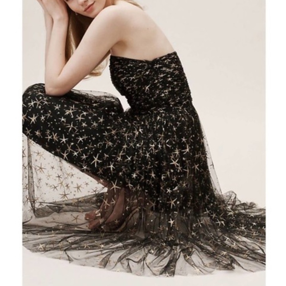 Anthropologie Black Tulle Midi Dress with Gold Star Embroidery